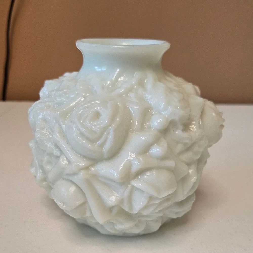 Vintage White Milk Glass Rose Bud Vase Embossed Floral Globe 4.5 inch